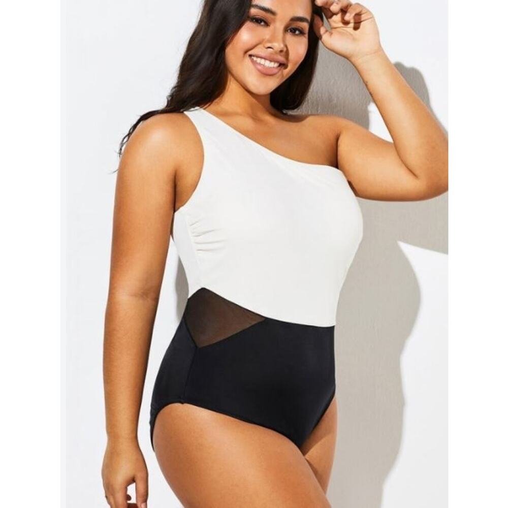 Meet.Curve Brand Black & White One Shoulder One Piece Swimsuit Size Large